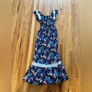 1970s Vintage Empire Waist Floral Pff Shoulder Maxi Dress Lace Detail Size CS-M